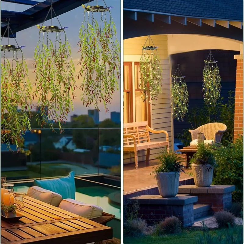 2Pcs Willow Leaves LED String Lights Outdoor Solar Hanging Artificial Plants Waterproof Fake Foliage Decor