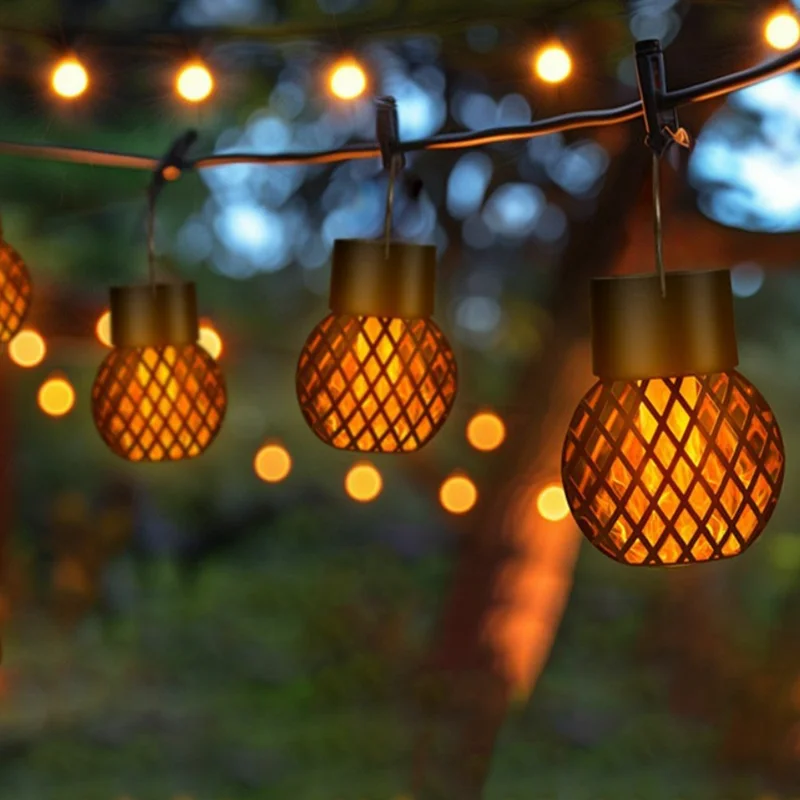 8Pcs Outdoor Hollow Hanging Lantern Flame Effect Solar Powered Garden Lamp Patio Decor