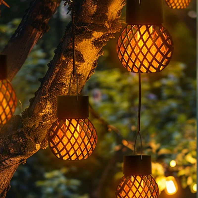 8Pcs Outdoor Hollow Hanging Lantern Flame Effect Solar Powered Garden Lamp Patio Decor