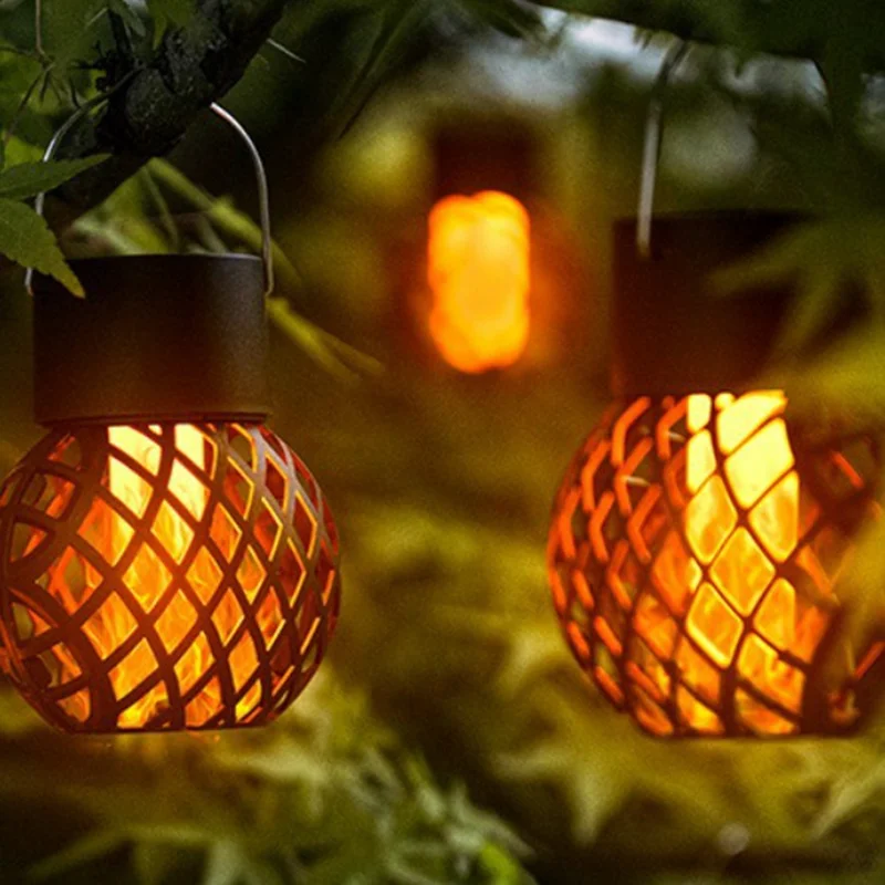 8Pcs Outdoor Hollow Hanging Lantern Flame Effect Solar Powered Garden Lamp Patio Decor