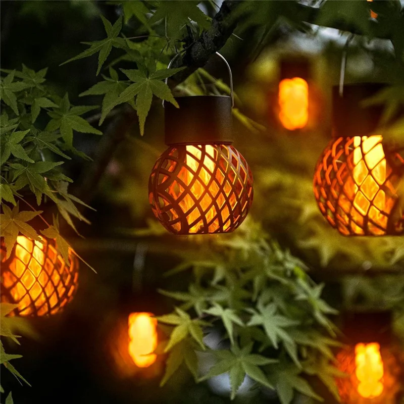 8Pcs Outdoor Hollow Hanging Lantern Flame Effect Solar Powered Garden Lamp Patio Decor
