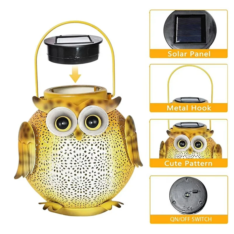 Solar Powered Owl Hanging Light Iron Art Waterproof Outdoor Garden Lantern for Lawn Patio Yard