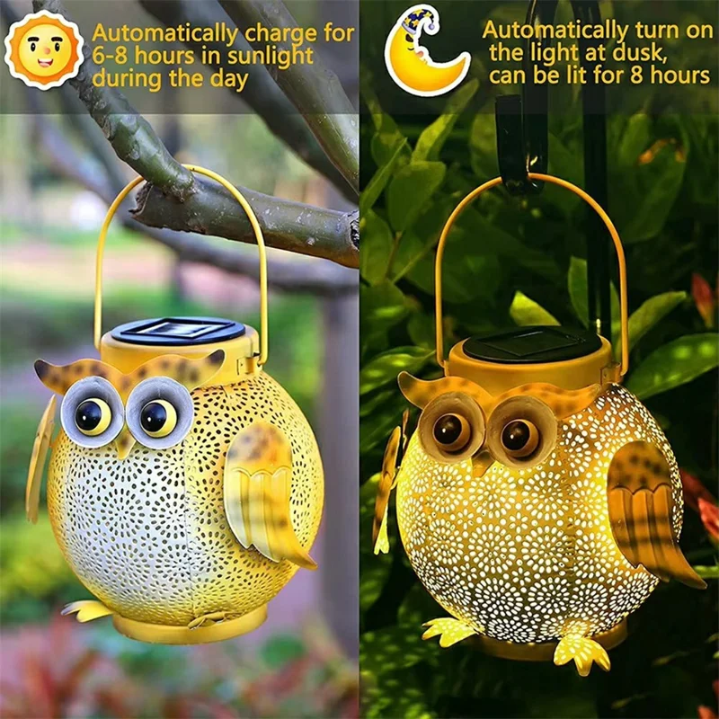 Solar Powered Owl Hanging Light Iron Art Waterproof Outdoor Garden Lantern for Lawn Patio Yard