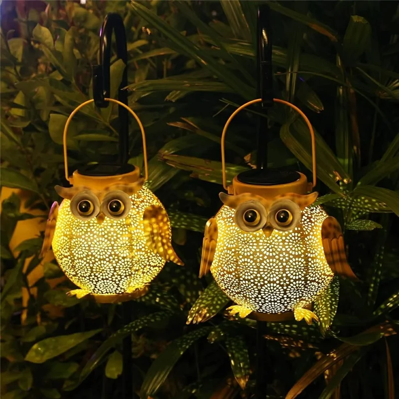 Solar Powered Owl Hanging Light Iron Art Waterproof Outdoor Garden Lantern for Lawn Patio Yard