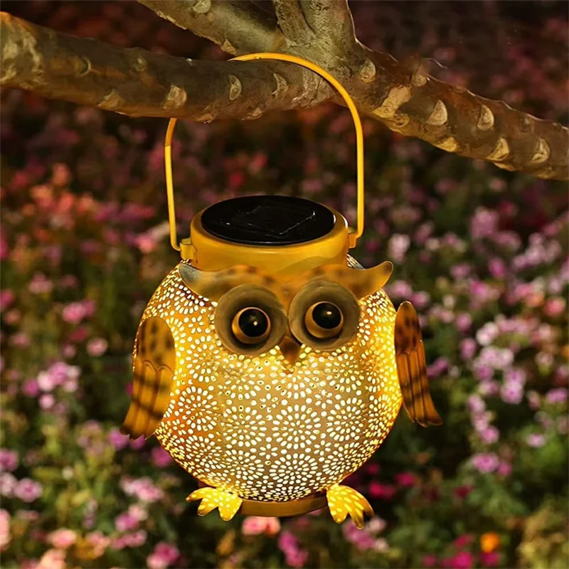Solar Powered Owl Hanging Light Iron Art Waterproof Outdoor Garden Lantern for Lawn Patio Yard
