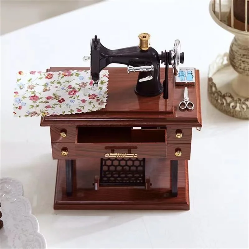 Vintage Sewing Machine Music Box Simulated Miniature Model Decorative Ornament Gift