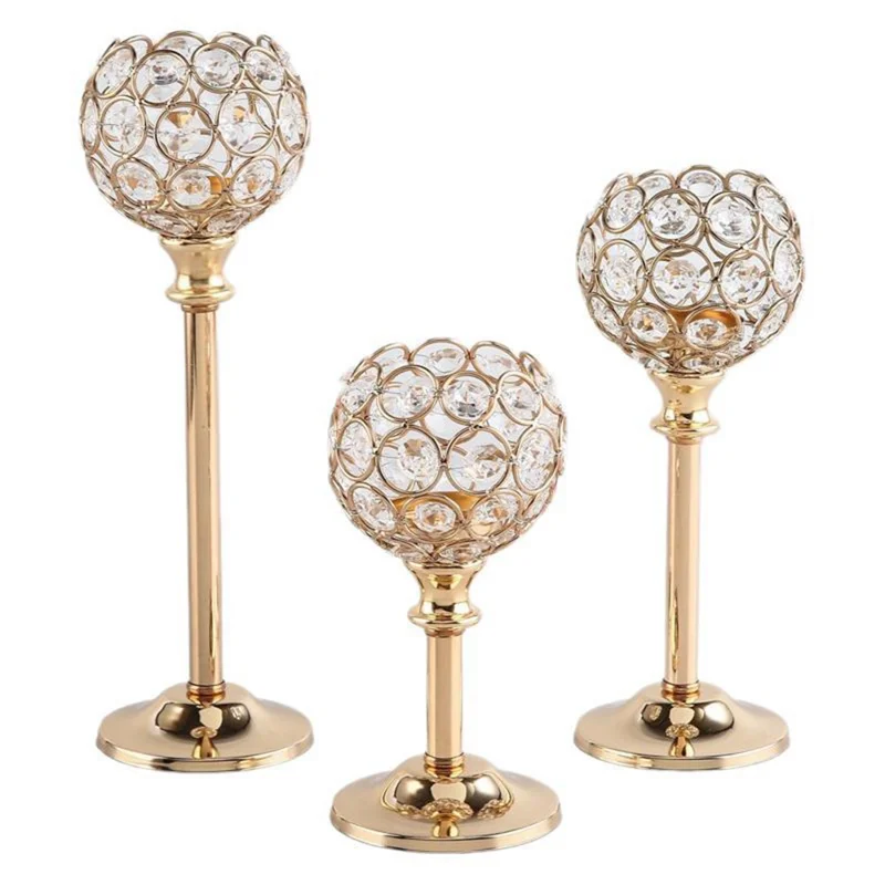 Набор из 3 мини-подсвечников с кристаллами (большой + средний + малый) Электролитический подсвечник для украшения отеля и дома - Золотой