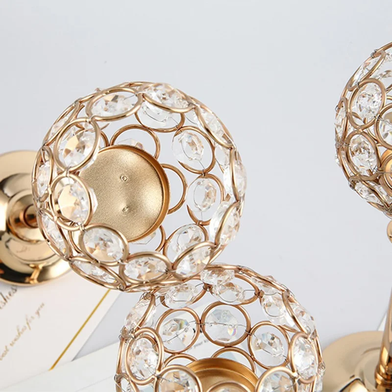 Набор из 3 мини-подсвечников с кристаллами (большой + средний + малый) Электролитический подсвечник для украшения отеля и дома - Золотой