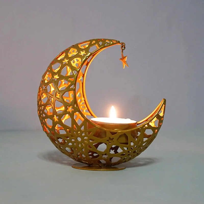 Moon Shape Candle Holder Iron Art Hollow Aromatherapy Furnace Decorative Home Craft Candlestick - Gold