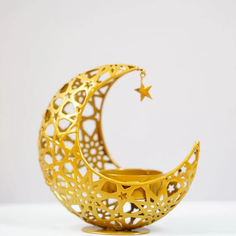 Moon Shape Candle Holder Iron Art Hollow Aromatherapy Furnace Decorative Home Craft Candlestick - Gold