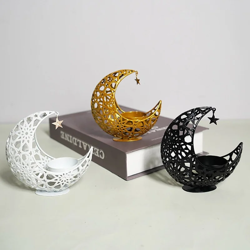 Moon Shape Candle Holder Iron Art Hollow Aromatherapy Furnace Decorative Home Craft Candlestick - Gold