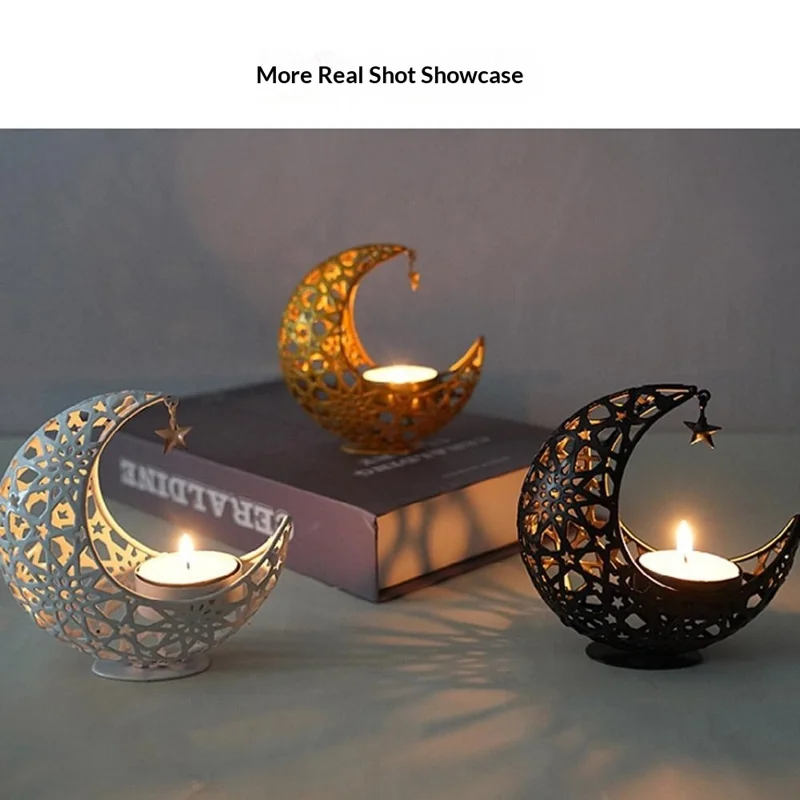 Moon Shape Candle Holder Iron Art Hollow Aromatherapy Furnace Decorative Home Craft Candlestick - Gold