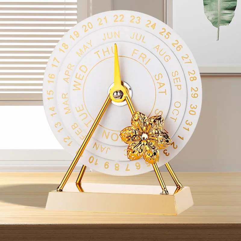 Creatieve Metalen Bureaukalender Perpetuele Handmatige Draaiende Office Decoratie Sieradegeschenk - Wit / Goudkleurige Bloem