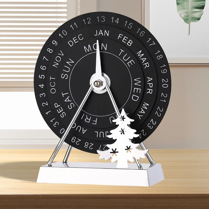 Calendrier de Bureau en Métal Créatif Calendrier Perpétuel Rotatif Manuel Décor d'Office Ornement Cadeau - Noir / Argent Arbre