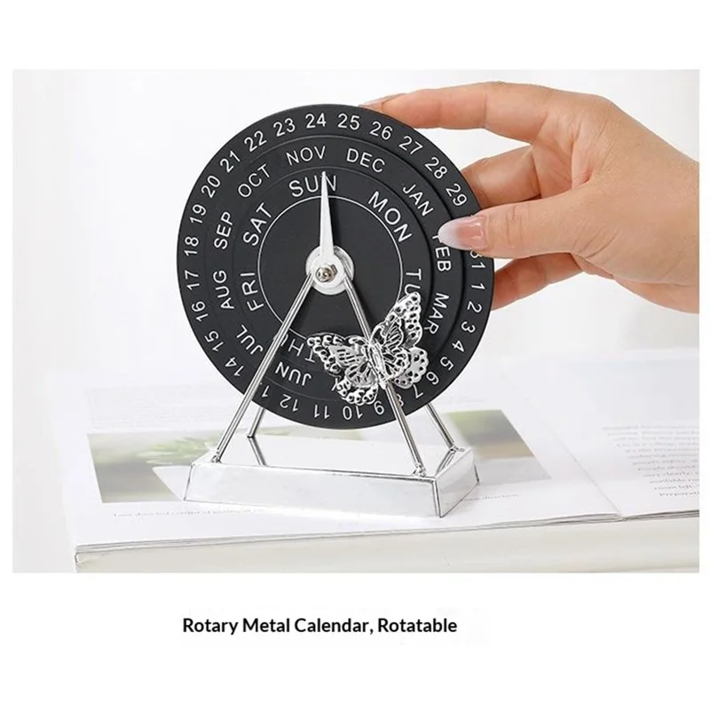 Calendrier de Bureau en Métal Créatif Calendrier Perpétuel Rotatif Manuel Décor d'Office Ornement Cadeau - Noir / Argent Arbre
