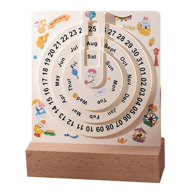 Creative Desk Calendar Wooden Rotating Perpetual Calendar for Home Office Desktop Decor, without Sticker
