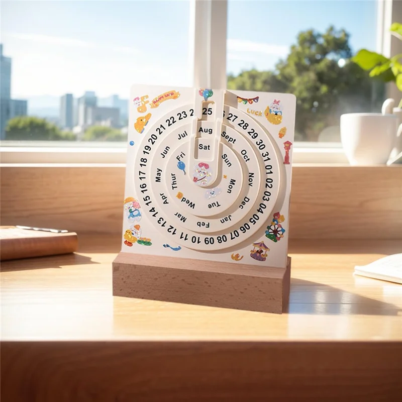 Creative Desk Calendar Wooden Rotating Perpetual Calendar for Home Office Desktop Decor, without Sticker