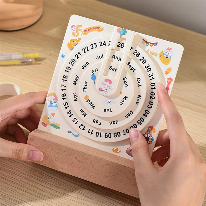 Creative Desk Calendar Wooden Rotating Perpetual Calendar for Home Office Desktop Decor, without Sticker