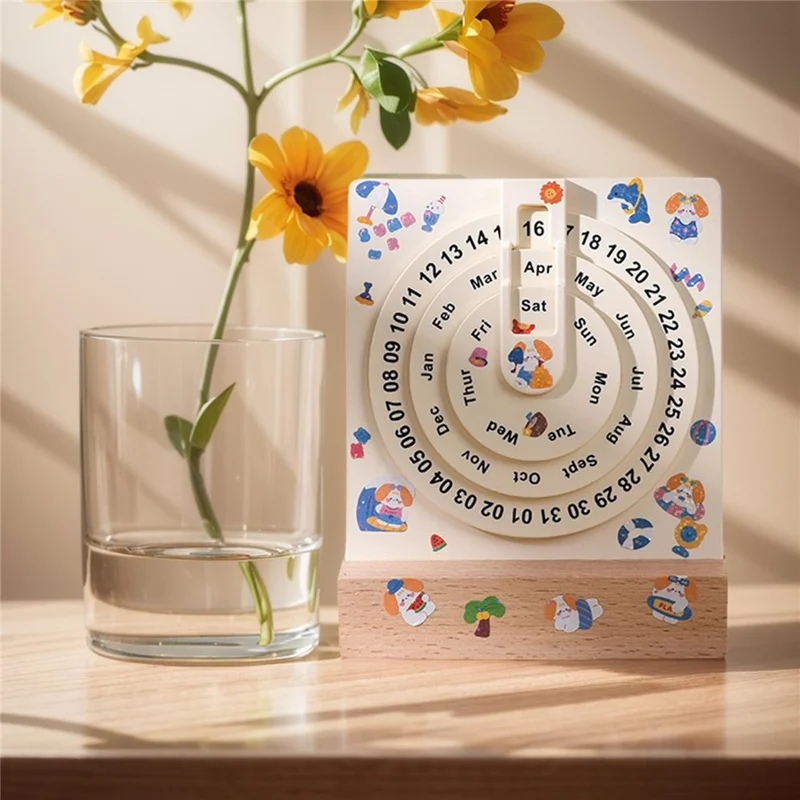 Creative Desk Calendar Wooden Rotating Perpetual Calendar for Home Office Desktop Decor, without Sticker
