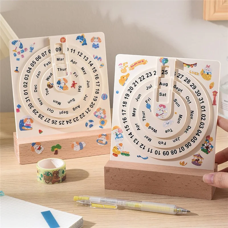 Creative Desk Calendar Wooden Rotating Perpetual Calendar for Home Office Desktop Decor, without Sticker