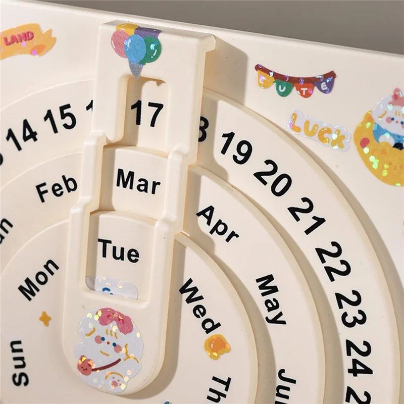 Creative Desk Calendar Wooden Rotating Perpetual Calendar for Home Office Desktop Decor, without Sticker