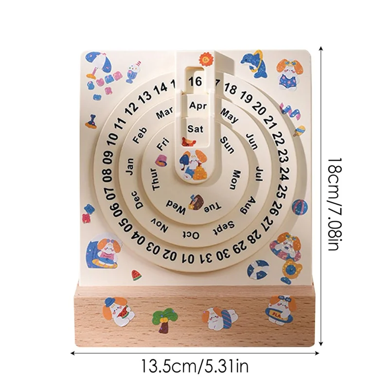 Creative Desk Calendar Wooden Rotating Perpetual Calendar for Home Office Desktop Decor, without Sticker