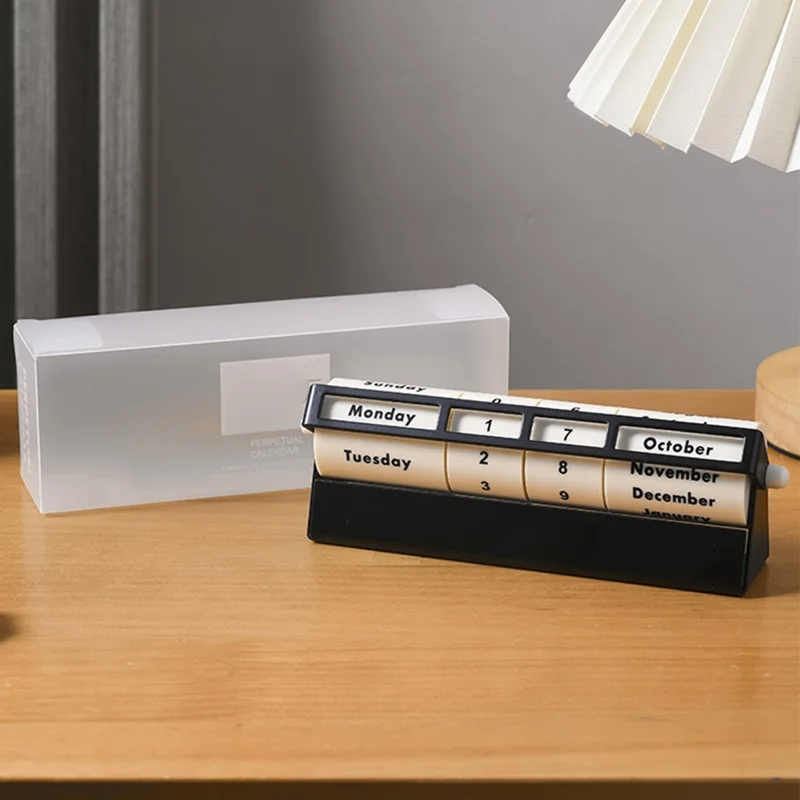 Creative Rotating Perpetual Calendar Metal Desk Decoration Rolling Date Display Ornament for Home Office - Black