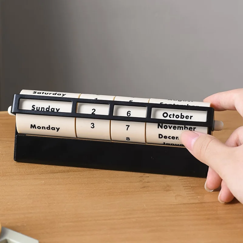 Creative Rotating Perpetual Calendar Metal Desk Decoration Rolling Date Display Ornament for Home Office - Black