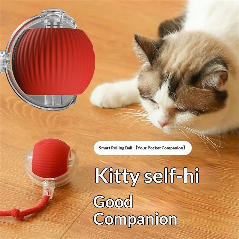 Interactive Cat Self-Entertaining Automatic Rolling Ball with Rope Pet Chew Toy (No Auto Wake Function) - Red