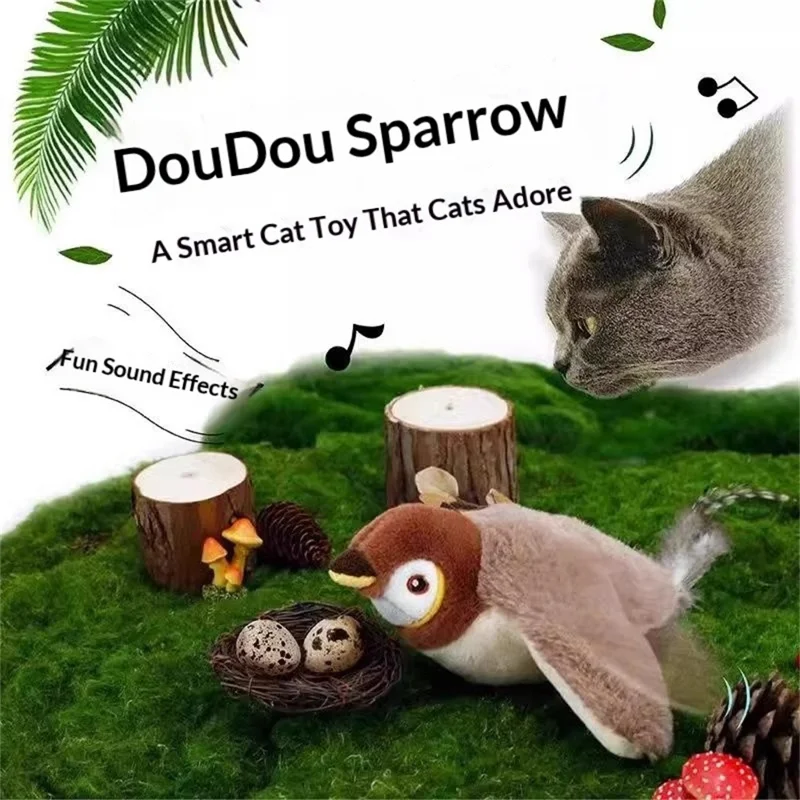 USB Rechargeable Flapping Bird Interactive Sparrow for Pet Cat Touch Activated Plush Toy with Sound