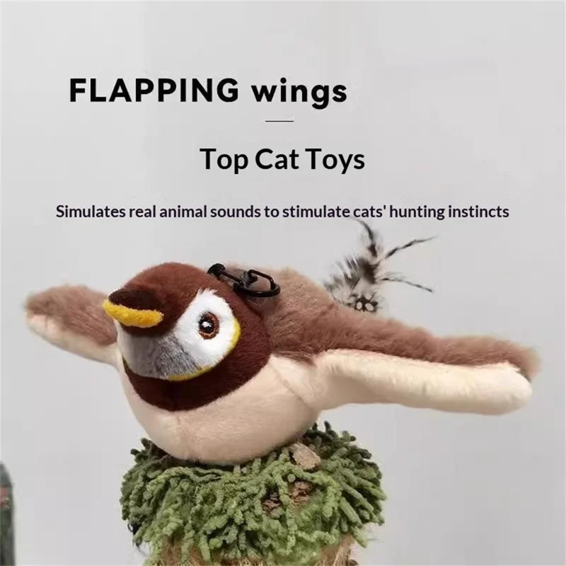 USB Rechargeable Flapping Bird Interactive Sparrow for Pet Cat Touch Activated Plush Toy with Sound