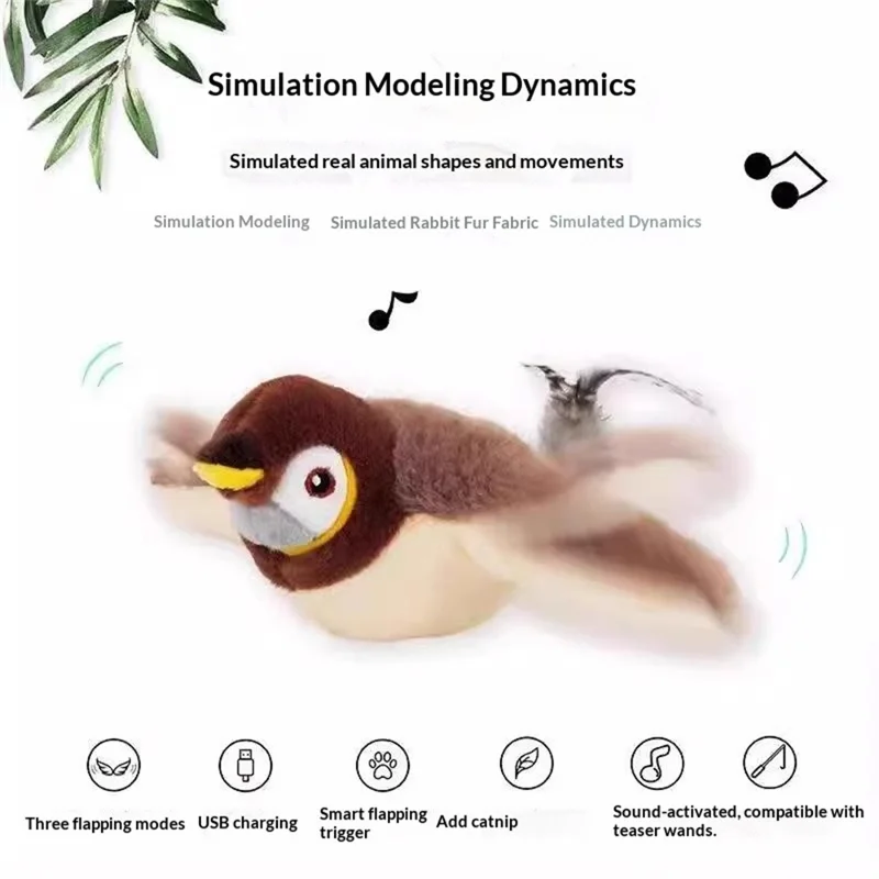 USB Rechargeable Flapping Bird Interactive Sparrow for Pet Cat Touch Activated Plush Toy with Sound