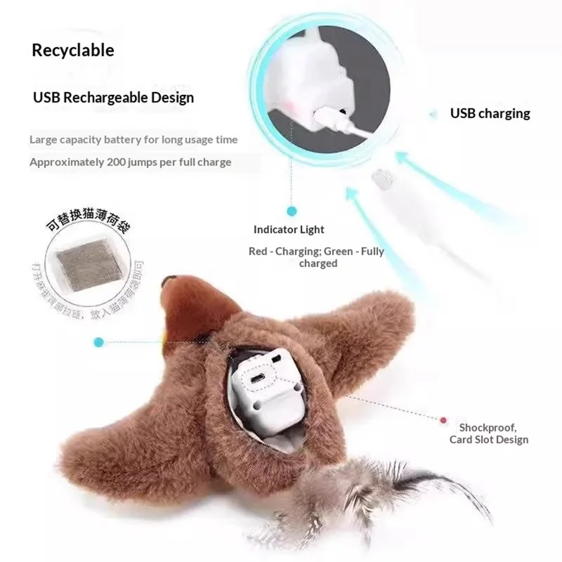 USB Rechargeable Flapping Bird Interactive Sparrow for Pet Cat Touch Activated Plush Toy with Sound