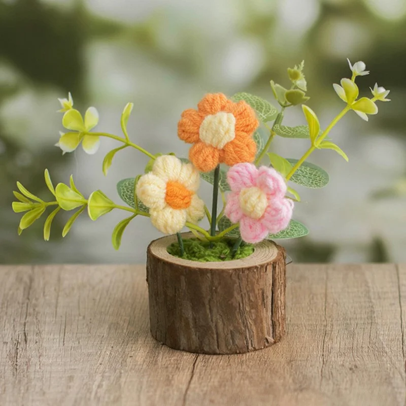 Handmade Crochet Flower Pot Artificial Plant Desktop Decoration Ornament for Home / Office - 3-Head Flower / Pink
