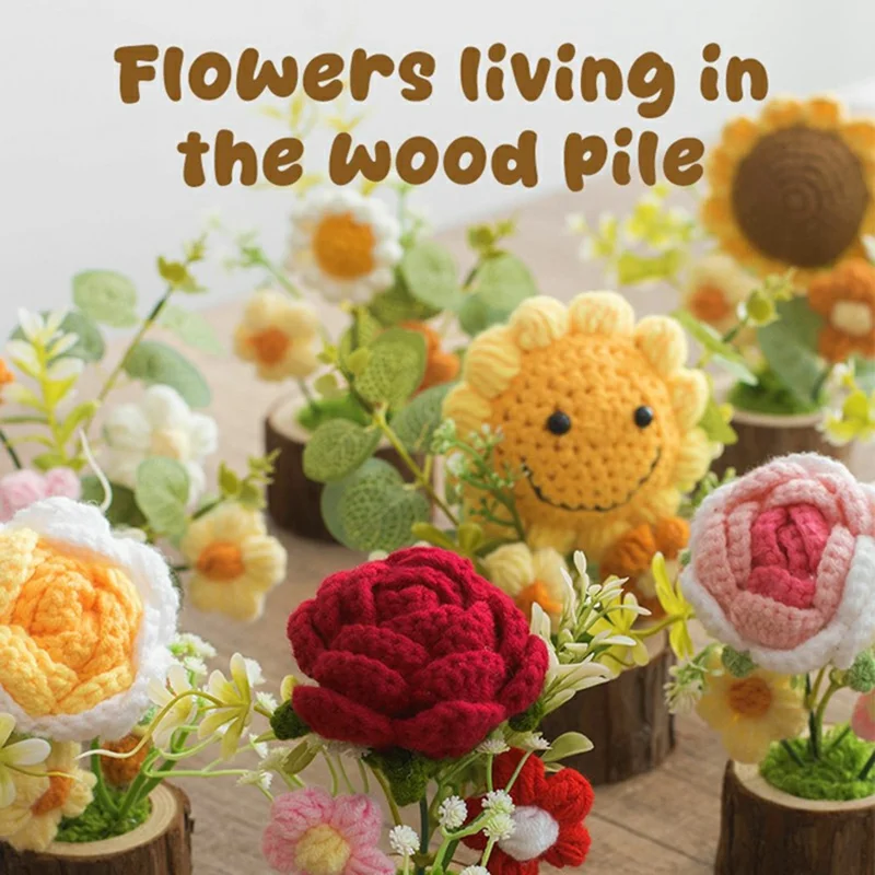 Handmade Crochet Flower Pot Artificial Plant Desktop Decoration Ornament for Home / Office - 3-Head Flower / Pink