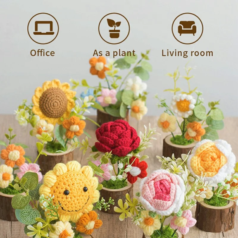 Handmade Crochet Flower Pot Artificial Plant Desktop Decoration Ornament for Home / Office - 3-Head Flower / Pink