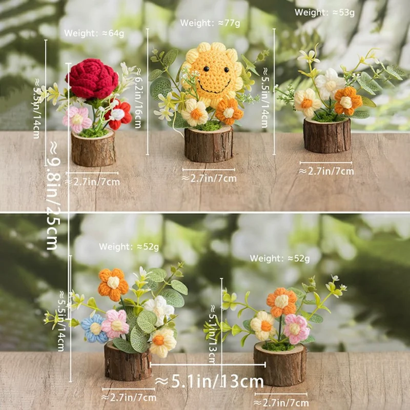 Handmade Crochet Flower Pot Artificial Plant Desktop Decoration Ornament for Home / Office - 3-Head Flower / Pink