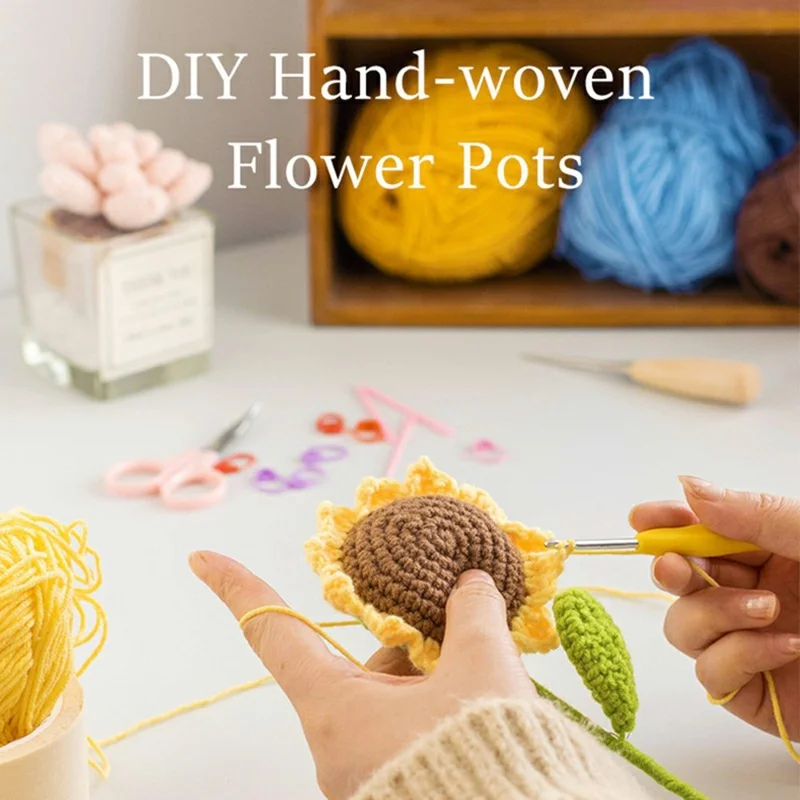 Handcrafted Crochet Flower Pot with Large Planter, Artificial Plant Decorative Ornament for Home / Office Desktop Display - Sunflower