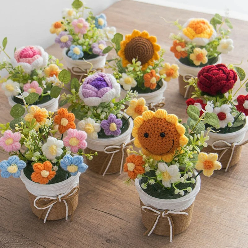 Handcrafted Crochet Flower Pot with Large Planter, Artificial Plant Decorative Ornament for Home / Office Desktop Display - Sunflower