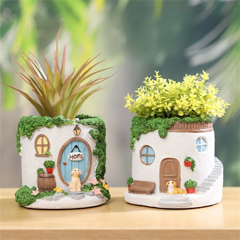 Fairy House Succulent Planter Mini Garden Pot Decorative Resin Container for Indoor Outdoor Home Office - Style A