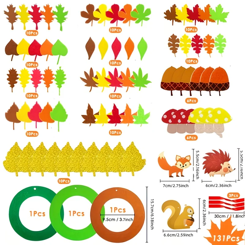 Kit de Artesanato de Coroa de Outono 131 Peças, Material para Artesanato de Ação de Graças, Conjunto de Feltro DIY