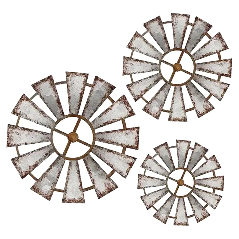 3-teilige rustikale Eisen-Windmühle Wanddekoration, Wohnaccessoires im Landhaus- und Industriestil, hängende Kunst – Grau