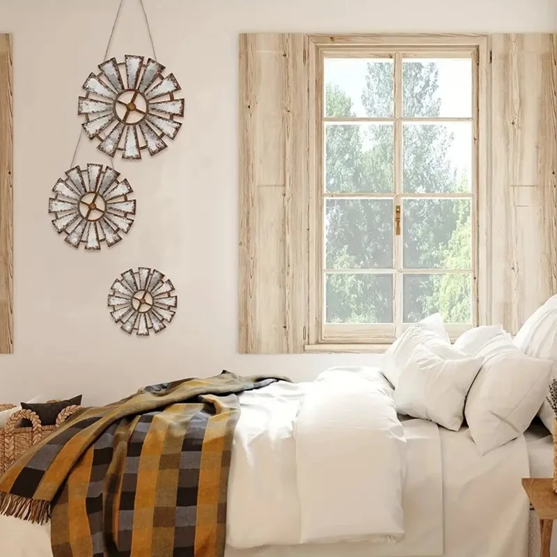 3-teilige rustikale Eisen-Windmühle Wanddekoration, Wohnaccessoires im Landhaus- und Industriestil, hängende Kunst – Grau