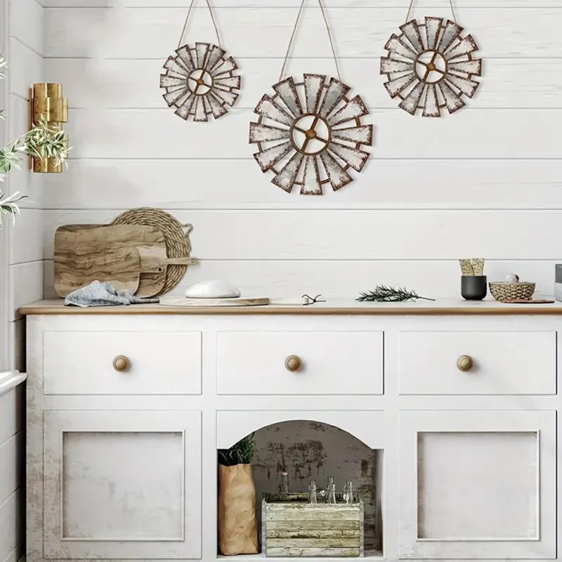 3-teilige rustikale Eisen-Windmühle Wanddekoration, Wohnaccessoires im Landhaus- und Industriestil, hängende Kunst – Grau