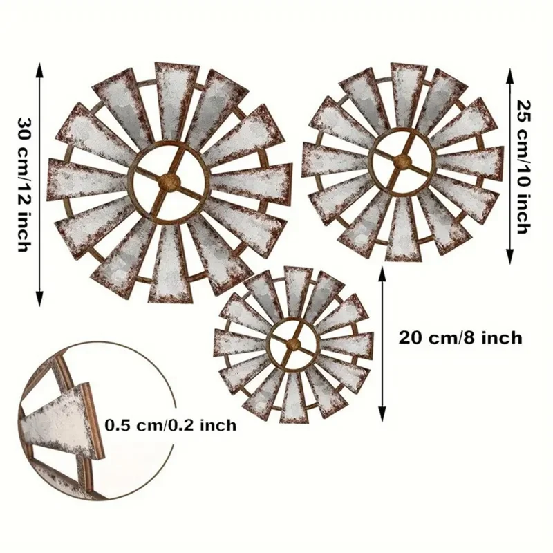 3-teilige rustikale Eisen-Windmühle Wanddekoration, Wohnaccessoires im Landhaus- und Industriestil, hängende Kunst – Grau