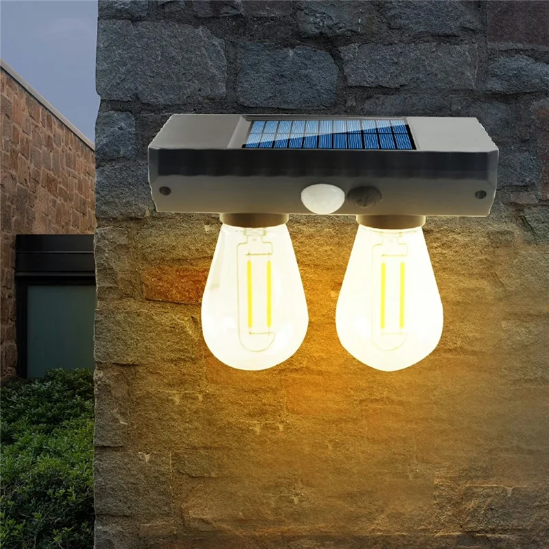 Lampe solaire extérieure à double ampoule à filament de tungstène avec capteur de mouvement, lampe murale LED alimentée par énergie solaire
