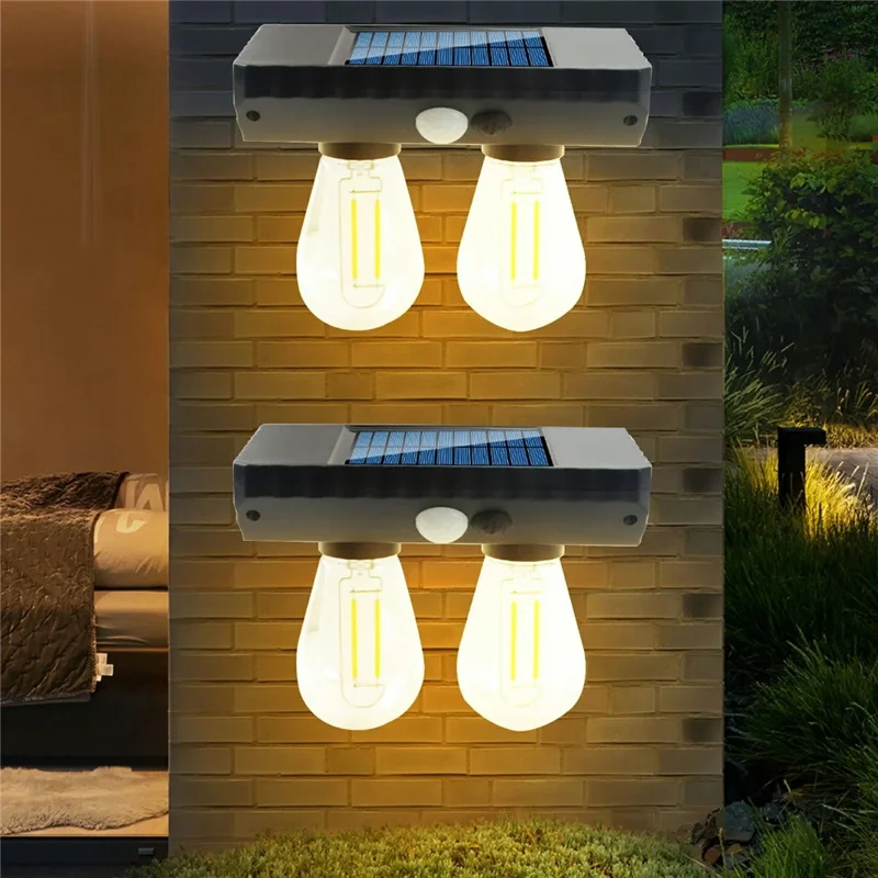 Lampe solaire extérieure à double ampoule à filament de tungstène avec capteur de mouvement, lampe murale LED alimentée par énergie solaire