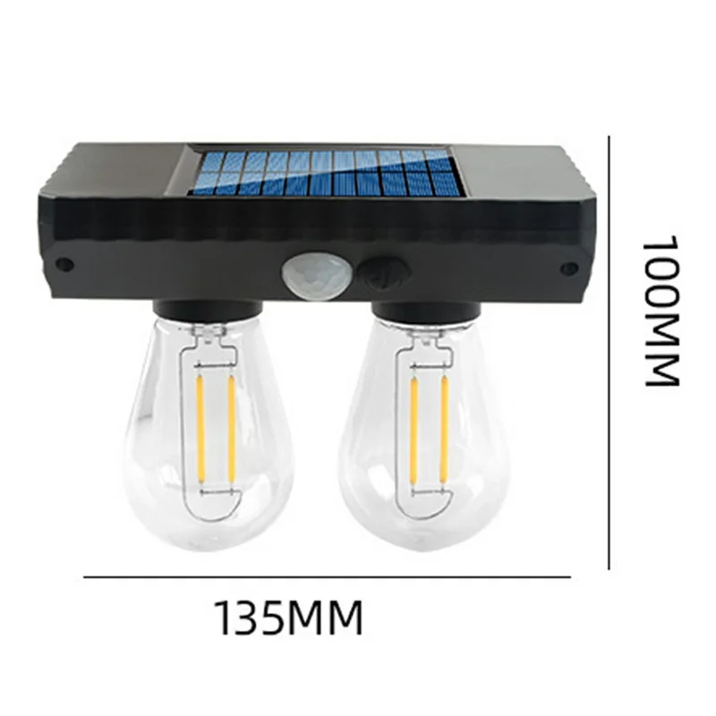 Lampe solaire extérieure à double ampoule à filament de tungstène avec capteur de mouvement, lampe murale LED alimentée par énergie solaire