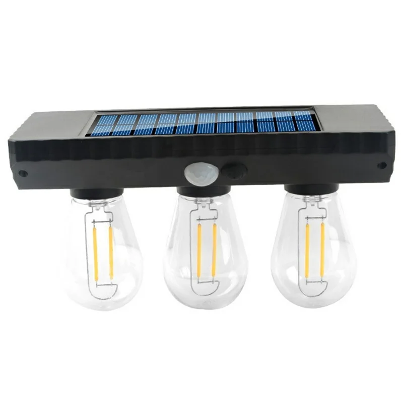 Lampe murale extérieure à capteur de mouvement 3 ampoules LED solaires style filament tungstène, lampe LED solaire