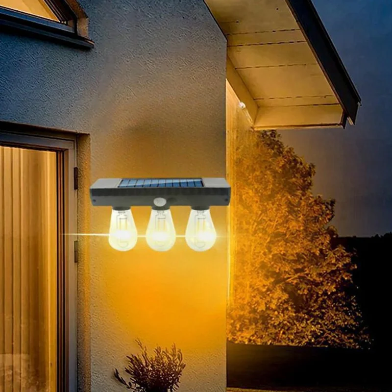 Lampe murale extérieure à capteur de mouvement 3 ampoules LED solaires style filament tungstène, lampe LED solaire